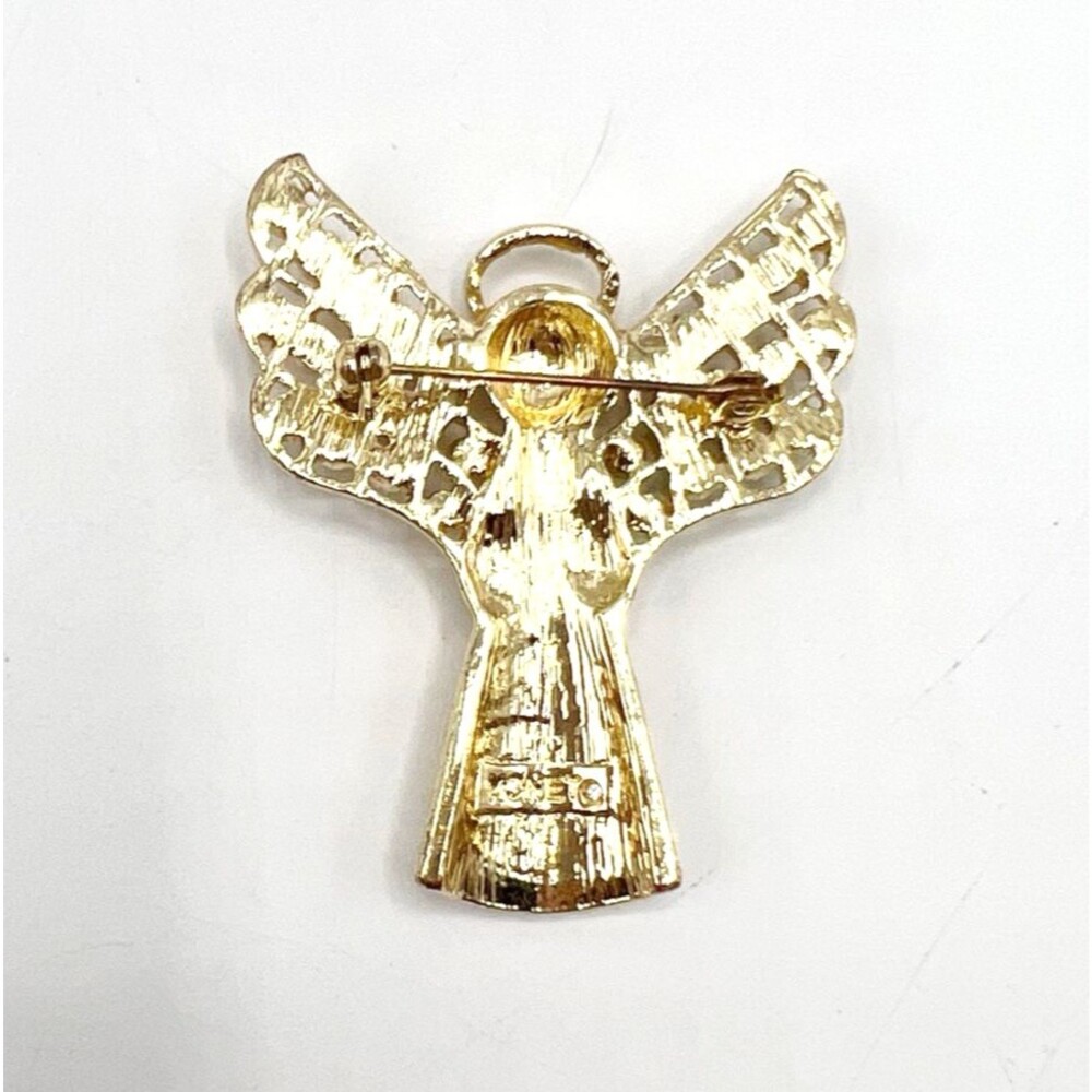 Monet Gold Tone Enameled Angel Brooch Pin Rhinestones Wings Holiday 2.25" - Picture 3 of 5